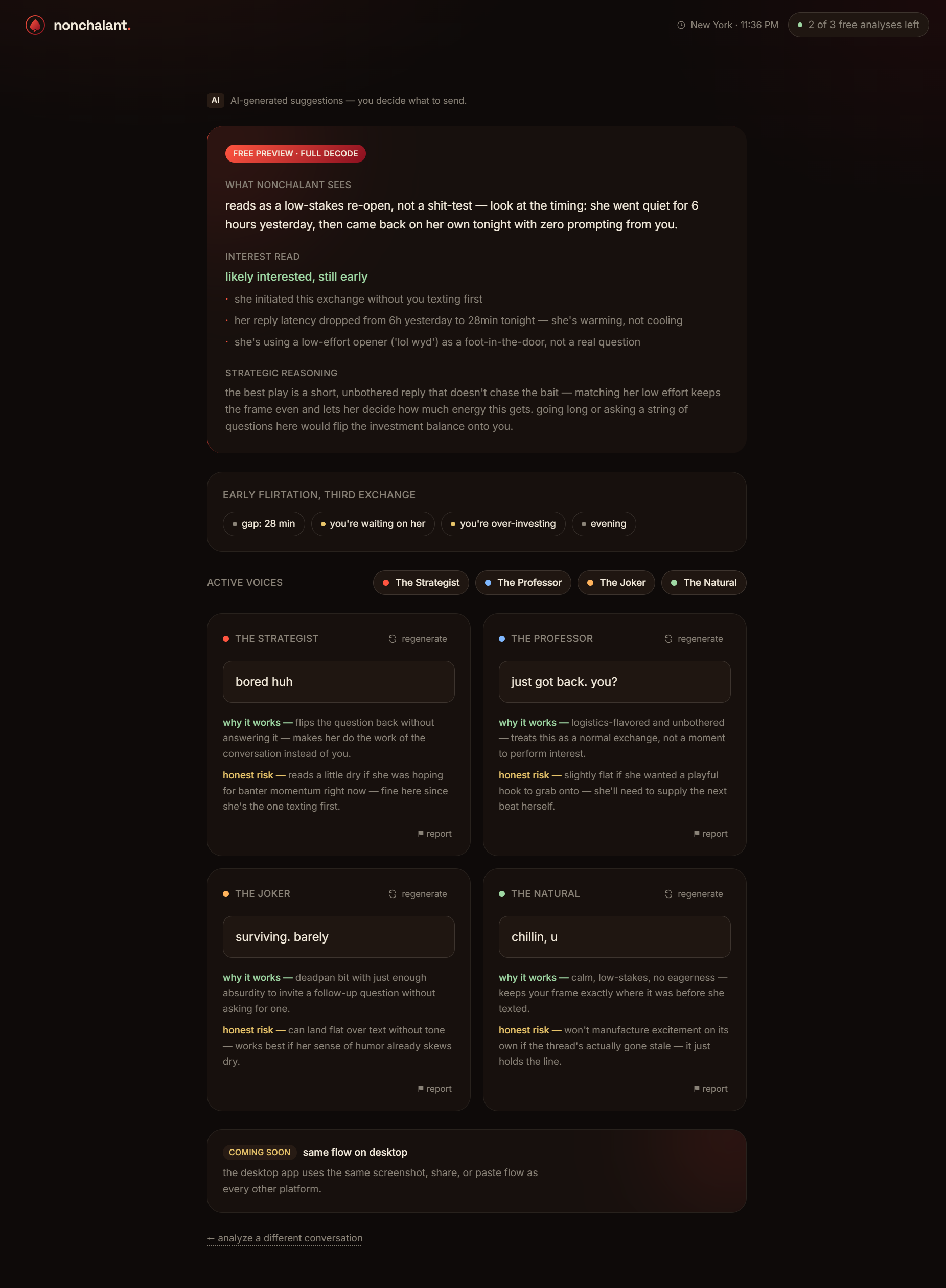an example nonchalant read: the decode, interest signals, timing, and four reply options with honest risks